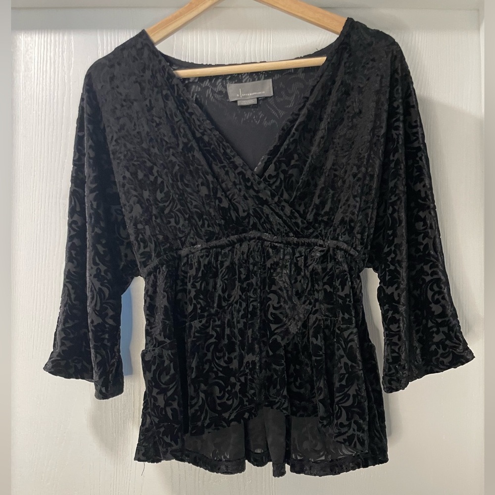 Anthropologie 3/4 Sleeve Burnout Velvet Black Blouse. Size XS